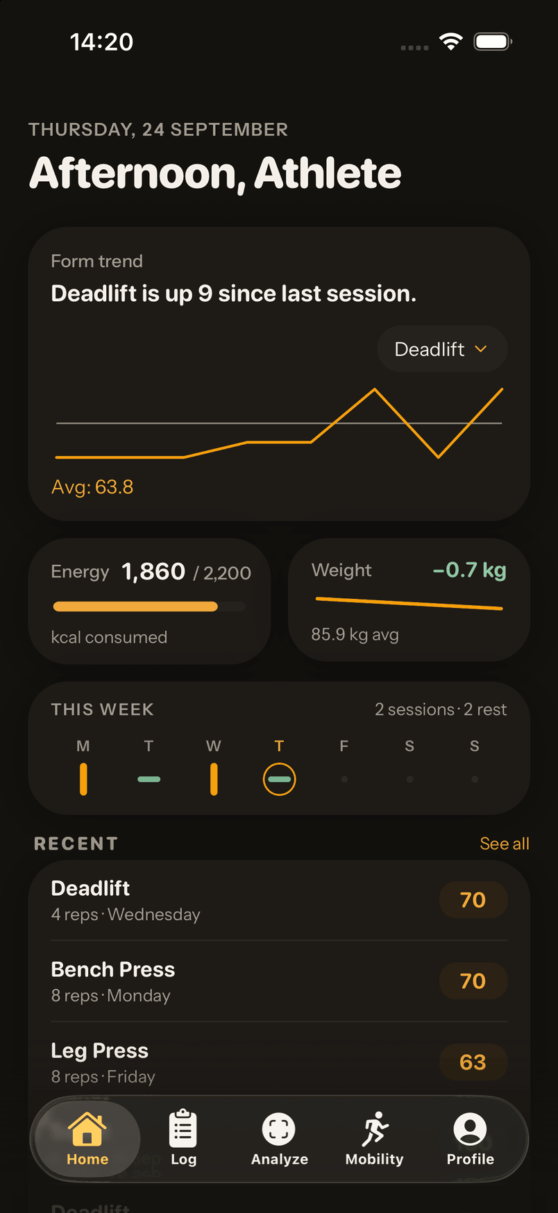 MyTai home screen greeting the athlete, with a deadlift form-trend card, today's energy at 1,860 of 2,200 kcal, a weight trend, a this-week strip and recent analyses