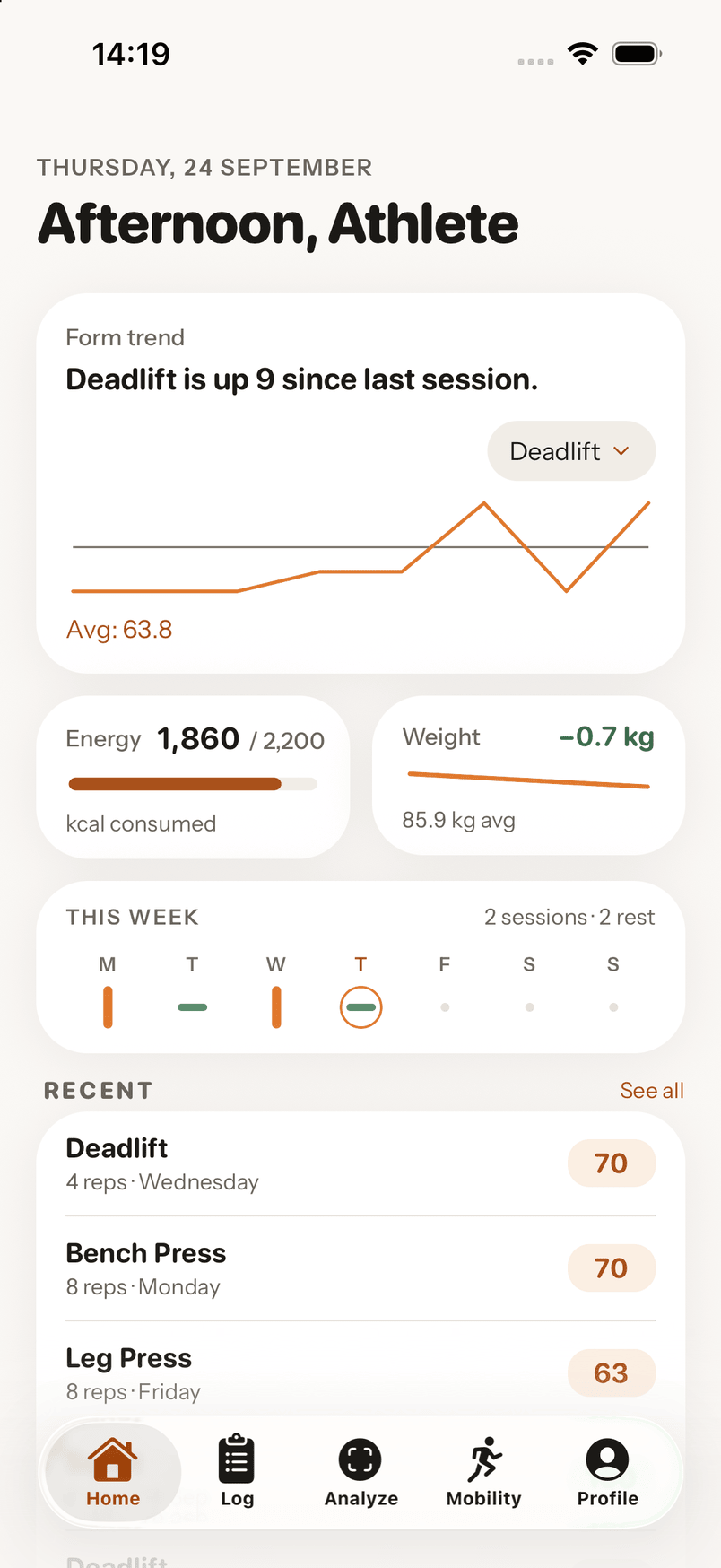MyTai home screen greeting the athlete, with a deadlift form-trend card, today's energy at 1,860 of 2,200 kcal, a weight trend, a this-week strip and recent analyses