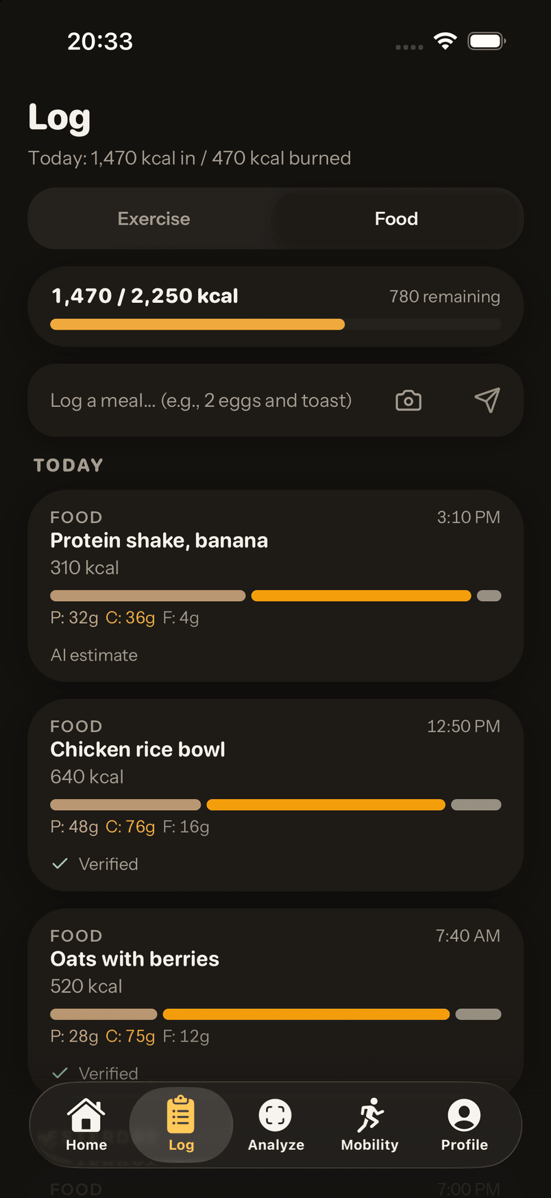 MyTai Log tab on Food, showing 1,470 of 2,250 kcal today and meals logged in plain English, each with macro bars