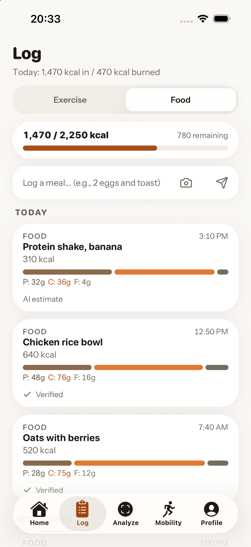 MyTai Log tab on Food, showing 1,470 of 2,250 kcal today and meals logged in plain English, each with macro bars