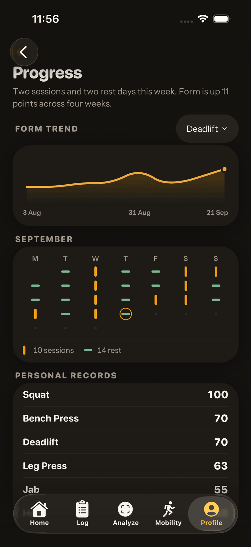 MyTai progress screen with a deadlift form-trend chart, a September week grid of sessions and rest days, and personal records