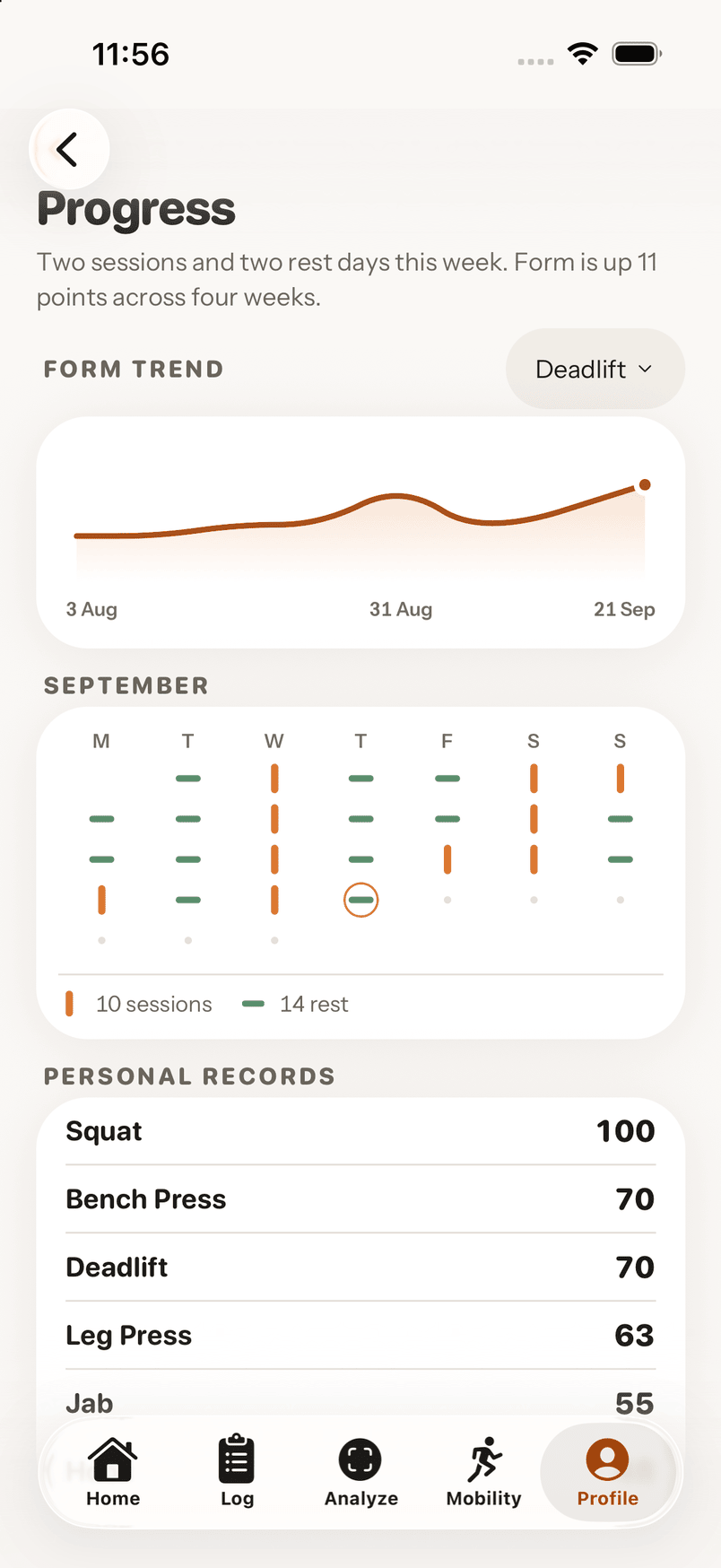 MyTai progress screen with a deadlift form-trend chart, a September week grid of sessions and rest days, and personal records